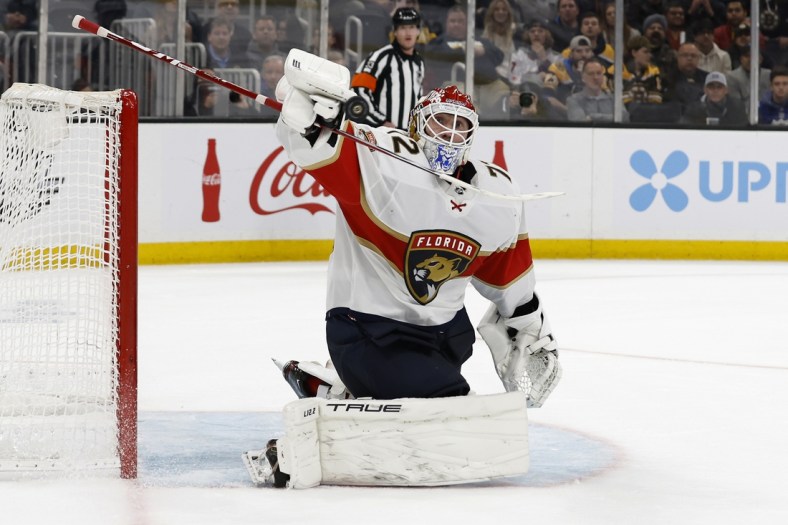 Apr 26, 2022; Boston, Massachusetts, USA; Florida Panthers goaltender Sergei Bobrovsky (72) makes a stick save against the Boston Bruins during the third period at TD Garden. Mandatory Credit: Winslow Townson-USA TODAY Sports