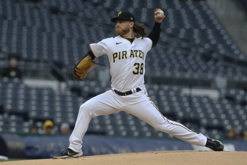 Apr 27, 2022; Pittsburgh, Pennsylvania, USA;  Pittsburgh Pirates starting pitcher Dillon Peters (38) delivers a pitch against the Milwaukee Brewers during the first inning at PNC Park. Mandatory Credit: Charles LeClaire-USA TODAY Sports