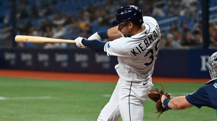 Apr 27, 2022; St. Petersburg, Florida, USA; Tampa Bay Rays center fielder Kevin Kiermaier (39) hits a two-run home run in the fourth inning against the Seattle Mariners at Tropicana Field. Mandatory Credit: Jonathan Dyer-USA TODAY Sports