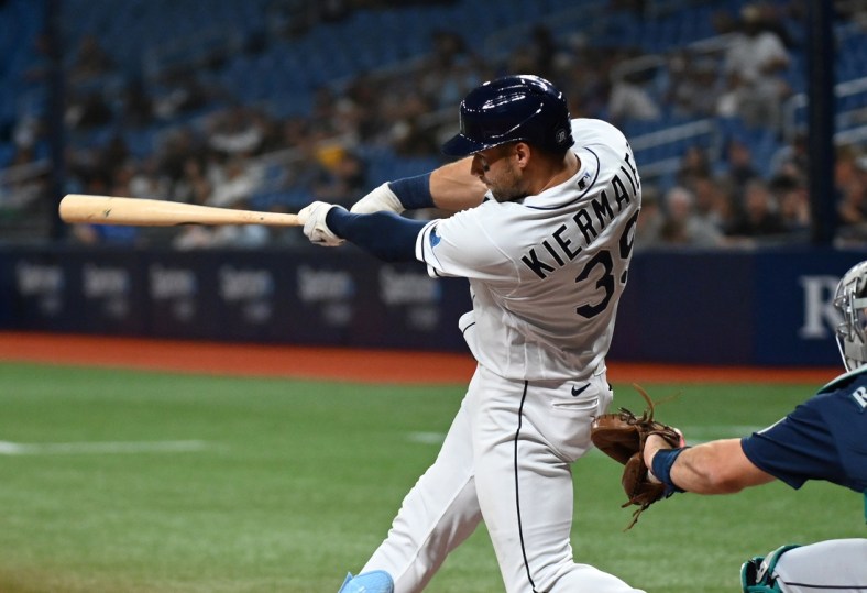 Apr 27, 2022; St. Petersburg, Florida, USA; Tampa Bay Rays center fielder Kevin Kiermaier (39) hits a two-run home run in the fourth inning against the Seattle Mariners at Tropicana Field. Mandatory Credit: Jonathan Dyer-USA TODAY Sports