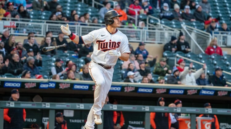 Apr 27, 2022; Minneapolis, Minnesota, USA; Minnesota Twins right fielder Max Kepler (26) hits a solo home run during the fourth inning against the Detroit Tigers at Target Field. Mandatory Credit: Jordan Johnson-USA TODAY Sports