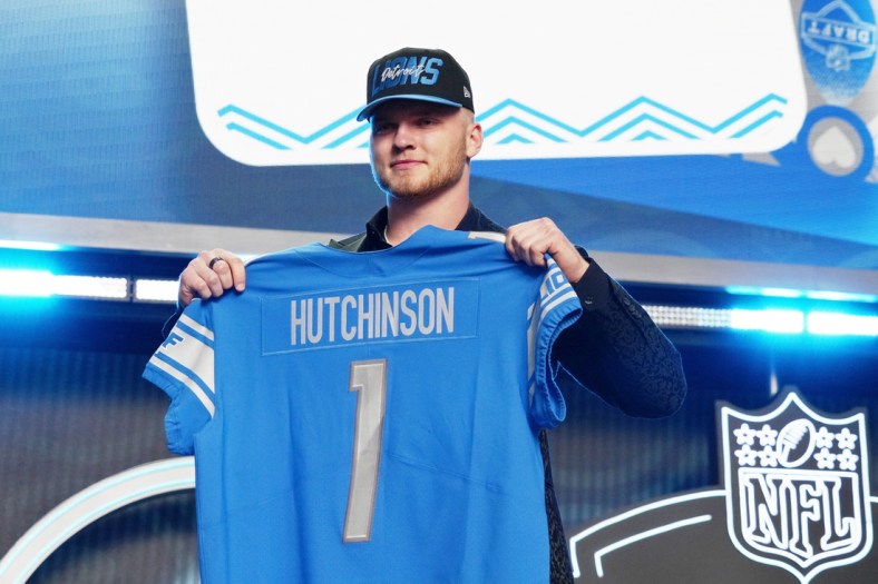Apr 28, 2022; Las Vegas, NV, USA; Michigan defensive end Aidan Hutchinson after being selected as the second overall pick to the Detroit Lions during the first round of the 2022 NFL Draft at the NFL Draft Theater. Mandatory Credit: Kirby Lee-USA TODAY Sports