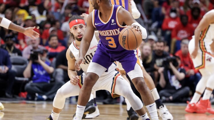 Apr 28, 2022; New Orleans, Louisiana, USA;  New Orleans Pelicans guard Jose Alvarado (15) watches the ball Phoenix Suns guard Chris Paul (3) has during the first half of game six of the first round for the 2022 NBA playoffs at Smoothie King Center. Mandatory Credit: Stephen Lew-USA TODAY Sports