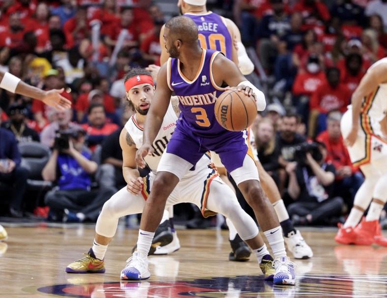Apr 28, 2022; New Orleans, Louisiana, USA;  New Orleans Pelicans guard Jose Alvarado (15) watches the ball Phoenix Suns guard Chris Paul (3) has during the first half of game six of the first round for the 2022 NBA playoffs at Smoothie King Center. Mandatory Credit: Stephen Lew-USA TODAY Sports