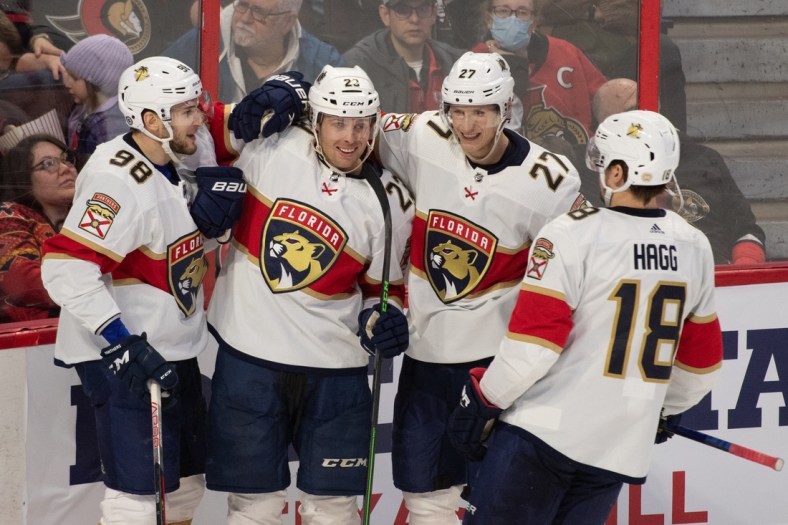 Apr 28, 2022; Ottawa, Ontario, CAN; The Florida Panthers celebrate a goal scored by center Carter Verhaeghe (23) in the third period against the Ottawa Senators at the Canadian Tire Centre. Mandatory Credit: Marc DesRosiers-USA TODAY Sports