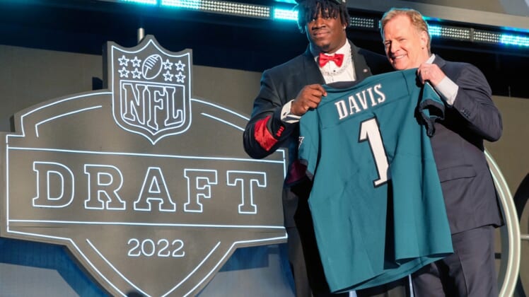 Apr 28, 2022; Las Vegas, NV, USA; Georgia defensive tackle Jordan Davis with NFL commissioner Roger Goodell after being selected as the thirteenth overall pick to the Philadelphia Eagles during the first round of the 2022 NFL Draft at the NFL Draft Theater. Mandatory Credit: Kirby Lee-USA TODAY Sports