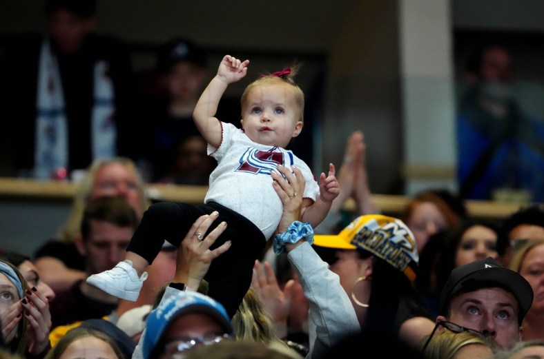 Apr 28, 2022; Denver, Colorado, USA; Colorado Avalanche fans cheer in the third period against the Nashville Predators at Ball Arena. Mandatory Credit: Ron Chenoy-USA TODAY Sports