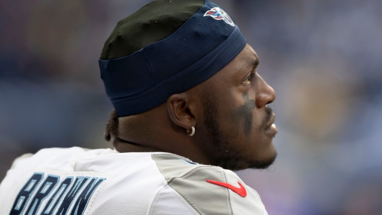 Tennessee Titans wide receiver A.J. Brown (11) looks up during National Anthem before the game against the Indianapolis Colts at Lucas Oil Stadium Sunday, Oct. 31, 2021 in Indianapolis, Ind.

Nas Titans Colts 021