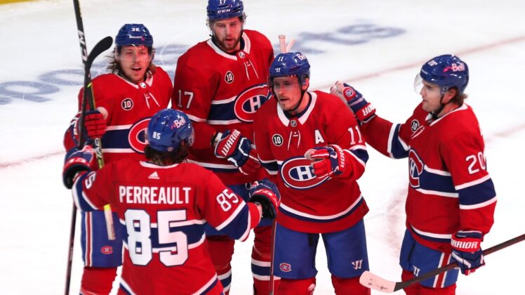 Apr 29, 2022; Montreal, Quebec, CAN; Montreal Canadiens right wing Brendan Gallagher (11) celebrates his goal against Florida Panthers with teammates during the first period at Bell Centre. Mandatory Credit: Jean-Yves Ahern-USA TODAY Sports