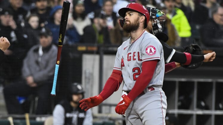 Apr 29, 2022; Chicago, Illinois, USA;  Los Angeles Angels first baseman Jared Walsh (20) flips his bat after striking out swinging against the Chicago White Sox during the fourth inning at Guaranteed Rate Field. Mandatory Credit: Matt Marton-USA TODAY Sports