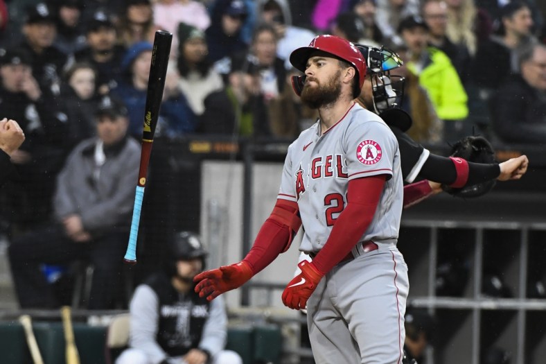 Apr 29, 2022; Chicago, Illinois, USA;  Los Angeles Angels first baseman Jared Walsh (20) flips his bat after striking out swinging against the Chicago White Sox during the fourth inning at Guaranteed Rate Field. Mandatory Credit: Matt Marton-USA TODAY Sports