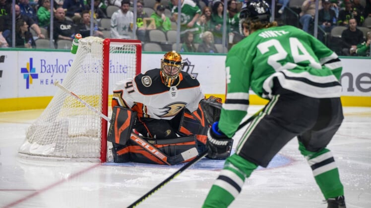 Apr 29, 2022; Dallas, Texas, USA; Anaheim Ducks goaltender Anthony Stolarz (41) faces a shot from Dallas Stars center Roope Hintz (24) during the second period at the American Airlines Center. Mandatory Credit: Jerome Miron-USA TODAY Sports