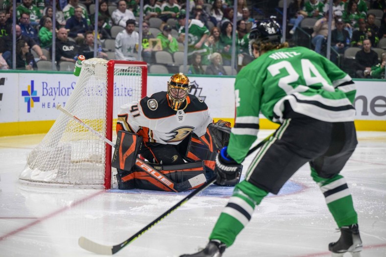 Apr 29, 2022; Dallas, Texas, USA; Anaheim Ducks goaltender Anthony Stolarz (41) faces a shot from Dallas Stars center Roope Hintz (24) during the second period at the American Airlines Center. Mandatory Credit: Jerome Miron-USA TODAY Sports