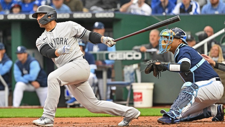 Apr 30, 2022; Kansas City, Missouri, USA;  New York Yankees second baseman Gleyber Torres (25) singles during the first inning against the Kansas City Royals at Kauffman Stadium. Mandatory Credit: Peter Aiken-USA TODAY Sports