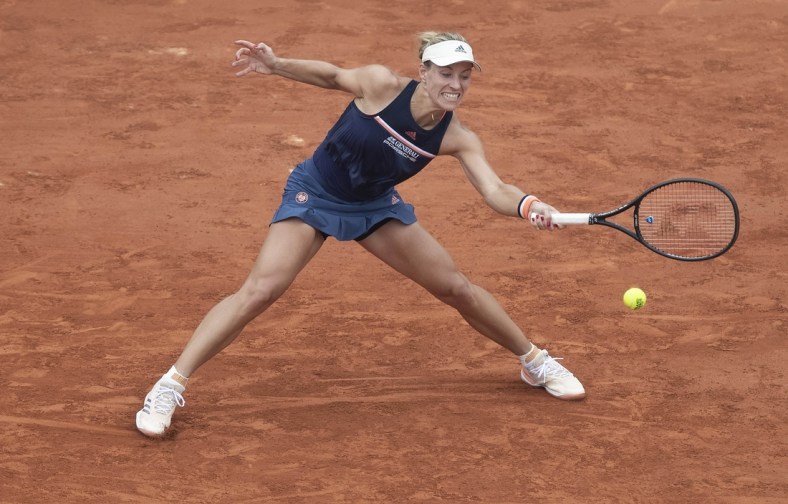 Jun 6, 2018, Paris, France: Angelique Kerber (GER) in action during her match against Simona Halep (ROU) on day 11 of the 2018 French Open at Roland Garros. Mandatory Credit: Susan Mullane-USA TODAY Sports
