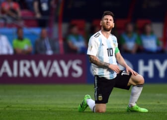 Jun 30, 2018; Kazan, Russia; Argentina forward Lionel Messi (10) reacts in the round of 16 game against France during the FIFA World Cup 2018 at Kazan Stadium. Mandatory Credit: Tim Groothuis/Witters Sport via USA TODAY Sports