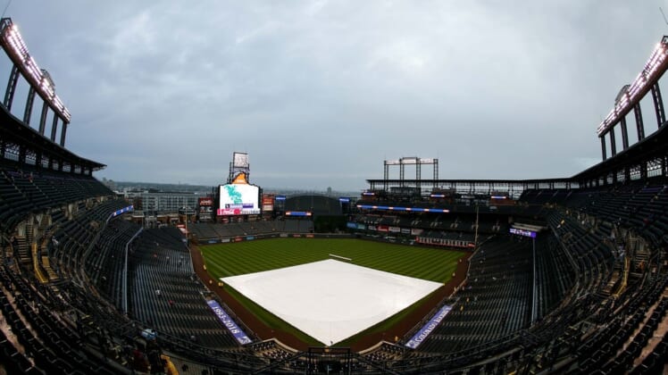 Sep 5, 2018; Denver, CO, USA; A general view of Coors Field during a weather delay before the game between the Colorado Rockies and the San Francisco Giants. Mandatory Credit: Isaiah J. Downing-USA TODAY Sports
