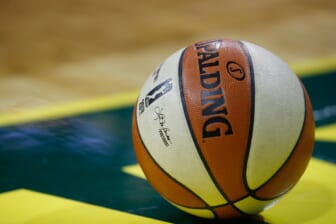 Sep 7, 2018; Seattle, WA, USA; The WNBA logo on a ball during the fourth quarter of game one of the WNBA finals between the Seattle Storm and the Washington Mystics at KeyArena. Mandatory Credit: Jennifer Buchanan-USA TODAY Sports