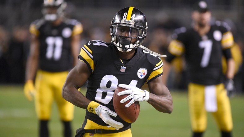 Dec 2, 2018; Pittsburgh, PA, USA;  Pittsburgh Steelers wide receiver Antonio Brown (84) prepares to play the Los Angeles Chargers at Heinz Field. Mandatory Credit: Philip G. Pavely-USA TODAY Sports