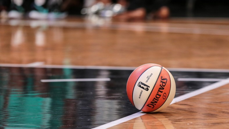May 9, 2019; New York City, NY, USA; A general view of the game ball during the preseason WNBA game between the New York Liberty and the China National Team at Barclays Center.  Mandatory Credit: Vincent Carchietta-USA TODAY Sports