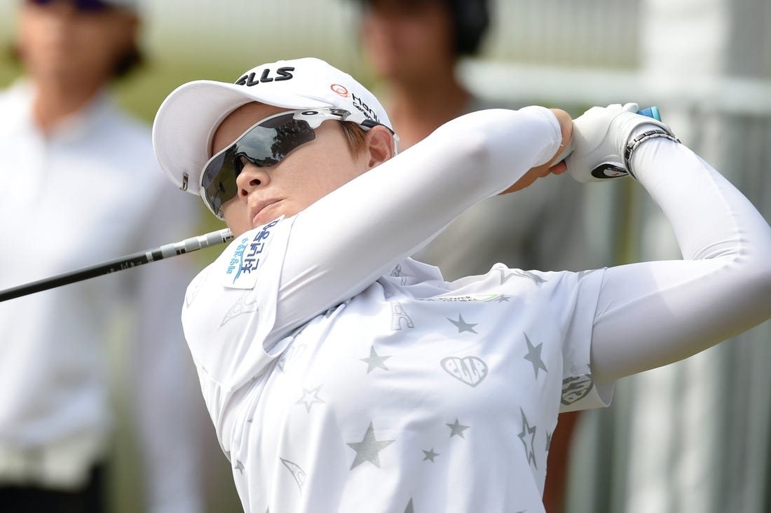May 31, 2019; Charleston, SC, USA; Eun-Hee Ji tees off on the 18th hole during the second round of the U.S. Women's Open golf tournament at Country Club of Charleston. Mandatory Credit: John David Mercer-USA TODAY Sports