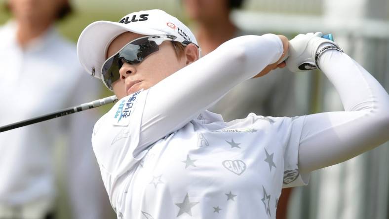 May 31, 2019; Charleston, SC, USA; Eun-Hee Ji tees off on the 18th hole during the second round of the U.S. Women's Open golf tournament at Country Club of Charleston. Mandatory Credit: John David Mercer-USA TODAY Sports