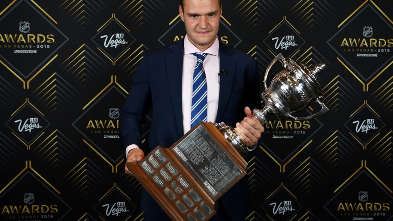 Jun 19, 2019; Las Vegas, NV, USA; Aleksander Barkov won the Lady Byng Memorial trophy during the 2019 NHL Awards at Mandalay Bay. Mandatory Credit: Stephen R. Sylvanie-USA TODAY Sports