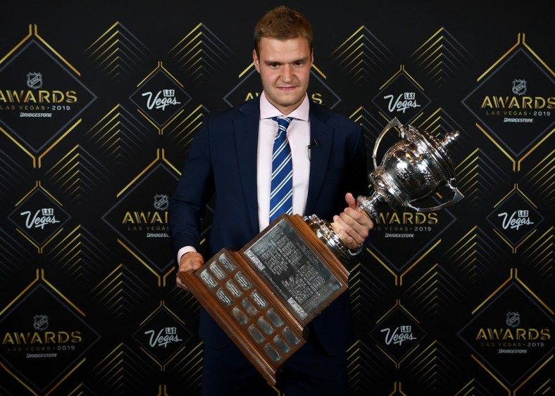 Jun 19, 2019; Las Vegas, NV, USA; Aleksander Barkov won the Lady Byng Memorial trophy during the 2019 NHL Awards at Mandalay Bay. Mandatory Credit: Stephen R. Sylvanie-USA TODAY Sports