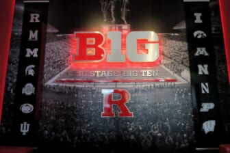 A Big 10 logo in the Hale Center lobby shown before the football media day availability Wednesday, July 31, 2019.Asb 0801 Rutgers Football Media Day