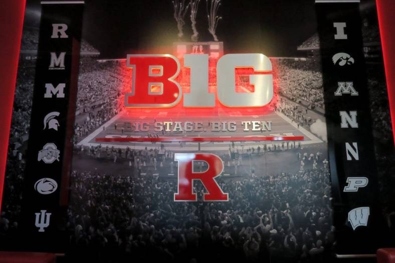 A Big 10 logo in the Hale Center lobby shown before the football media day availability Wednesday, July 31, 2019.

Asb 0801 Rutgers Football Media Day