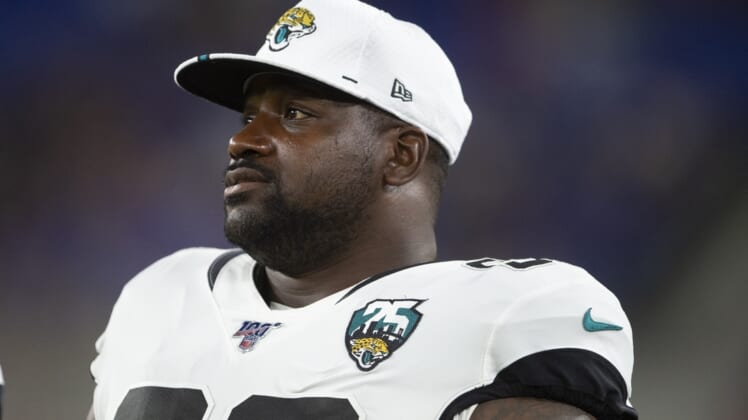 Aug 8, 2019; Baltimore, MD, USA; Jacksonville Jaguars defensive tackle Marcell Dareus (99) stands on the sidelines during the second half against the Baltimore Ravens at M&T Bank Stadium. Mandatory Credit: Tommy Gilligan-USA TODAY Sports