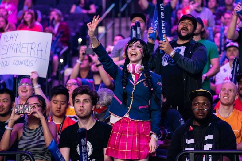 Sep 29, 2019; Philadelphia, PA, USA; Fans react during the Overwatch League Grand Finals e-sports event between the Vancouver Titans and San Francisco Shock at Wells Fargo Center. Mandatory Credit: Bill Streicher-USA TODAY Sports