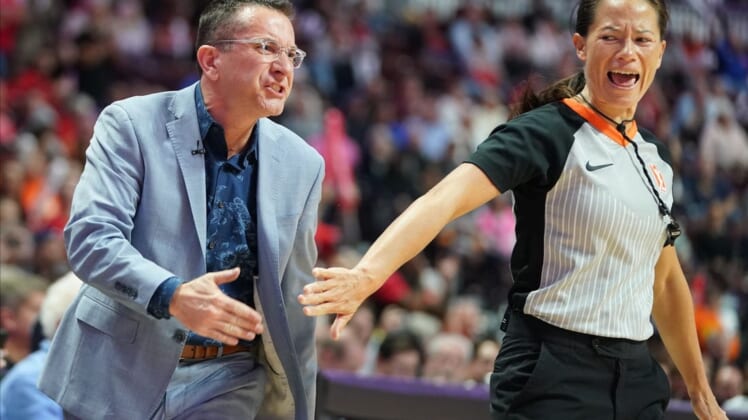 Oct 8, 2019; Uncasville, CT, USA; Connecticut Sun head coach Curt Miller reacts after a play as they take on the Washington Mystics during the second quarter in game four of the 2019 WNBA Finals at Mohegan Sun Arena. Mandatory Credit: David Butler II-USA TODAY Sports