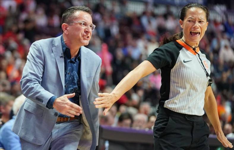 Oct 8, 2019; Uncasville, CT, USA; Connecticut Sun head coach Curt Miller reacts after a play as they take on the Washington Mystics during the second quarter in game four of the 2019 WNBA Finals at Mohegan Sun Arena. Mandatory Credit: David Butler II-USA TODAY Sports