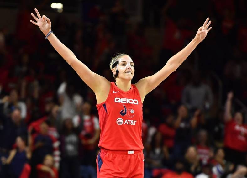 Oct 10, 2019; Washington, DC, USA; Washington Mystics forward Elena Delle Donne (11) reacts after a three point basket during the first quarter against the Connecticut Sun in game five of the 2019 WNBA Finals at Entertainment and Sports Ar. Mandatory Credit: Brad Mills-USA TODAY Sports