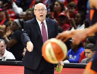 Oct 10, 2019; Washington, DC, USA; Washington Mystics head coach Mike Thibault gestures from the sidelines against the Connecticut Sun during the second quarter in game five of the 2019 WNBA Finals at Entertainment and Sports Ar. Mandatory Credit: Brad Mills-USA TODAY Sports