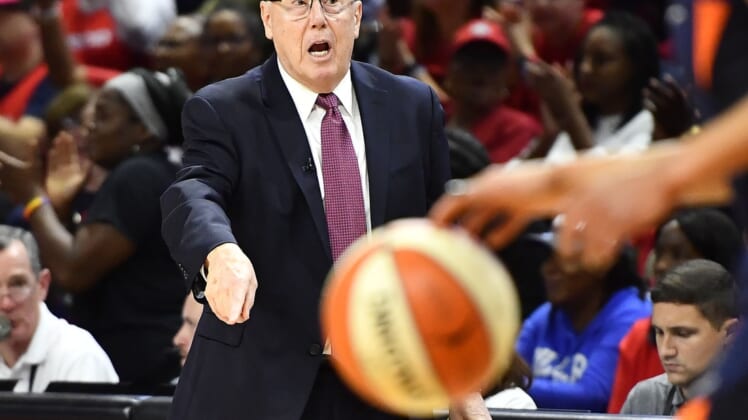Oct 10, 2019; Washington, DC, USA; Washington Mystics head coach Mike Thibault gestures from the sidelines against the Connecticut Sun during the second quarter in game five of the 2019 WNBA Finals at Entertainment and Sports Ar. Mandatory Credit: Brad Mills-USA TODAY Sports