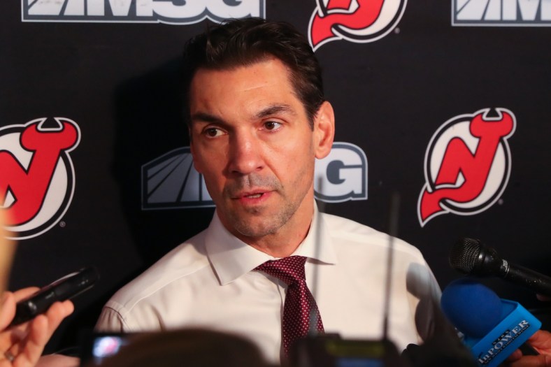 Dec 3, 2019; Newark, NJ, USA; New Jersey Devils interim head coach Alain Nasreddine  speaks to the media prior to the start of a game between the New Jersey Devils and the Vegas Golden Knights at Prudential Center. Mandatory Credit: Ed Mulholland-USA TODAY Sports