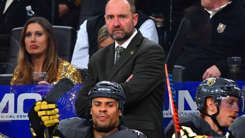 Feb 13, 2020; Las Vegas, Nevada, USA; Vegas Golden Knights head coach Peter DeBoer is pictured during the third period against the St. Louis Blues at T-Mobile Arena. Mandatory Credit: Stephen R. Sylvanie-USA TODAY Sports