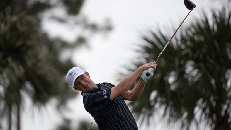 David Toms of Sherveport, Louisiana tees off at the 10th hole during the first day of the Chubb Classic, Friday, Feb. 14, 2020, at Lely Resort in Lely, Florida.

Ndn 0213 Ja Chubb Classic 085