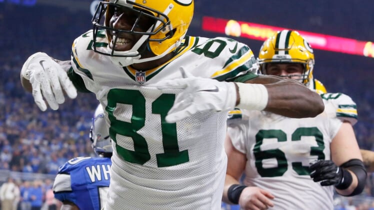 Green Bay Packers receiver Geronimo Allison celebrates after catching a touchdown during the fourth quarter vs. the Detroit Lions at Ford Field on Sunday, Jan. 1, 2017. Green Bay won, 31-24.Lions 010117 Es21