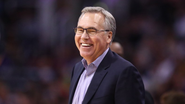 Dec 21, 2019; Phoenix, Arizona, USA; Houston Rockets head coach Mike D'Antoni smiles against the Phoenix Suns at Talking Stick Resort Arena. Mandatory Credit: Mark J. Rebilas-USA TODAY Sports