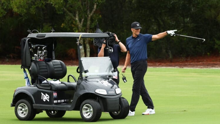May 24, 2020; Hobe Sound, FL, USA; NFL player Tom Brady of the Tampa Bay Buccaneers reacts after holing out from the fairway on the seventh during The Match: Champions for Charity golf round at the Medalist Golf Club.  Mandatory Credit: Handout Photo by Getty Images for The Match via USA TODAY Sports