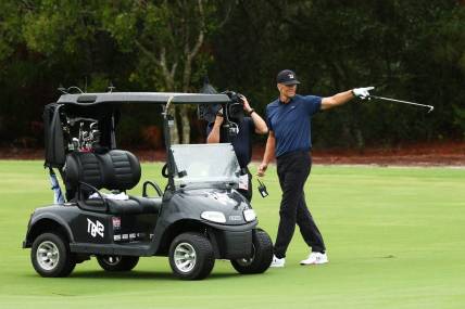 May 24, 2020; Hobe Sound, FL, USA; NFL player Tom Brady of the Tampa Bay Buccaneers reacts after holing out from the fairway on the seventh during The Match: Champions for Charity golf round at the Medalist Golf Club.  Mandatory Credit: Handout Photo by Getty Images for The Match via USA TODAY Sports