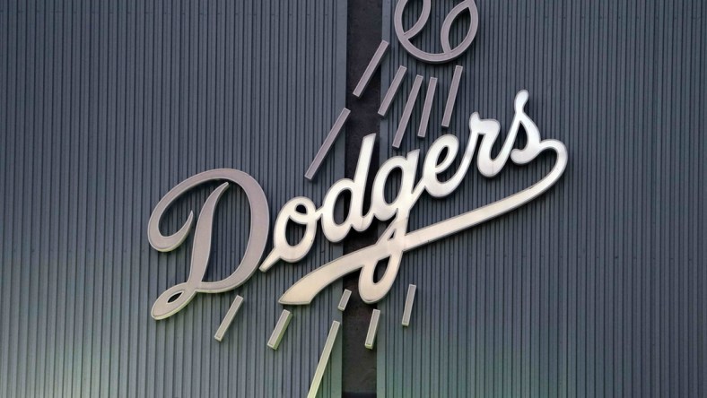 Jul 15, 2020; Los Angeles, California, United States; A general overall view of the Los Angeles Dodgers logo at Dodger Stadium. Mandatory Credit: Kirby Lee-USA TODAY Sports