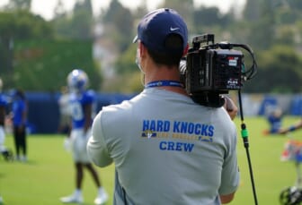 Aug 18, 2020; Thousand Oaks California, USA; A HBO Hard Knocks film cameraman shoots video footage at Los Angeles Rams training camp at Cal Lutheran University. Mandatory Credit: Kirby Lee-USA TODAY Sports