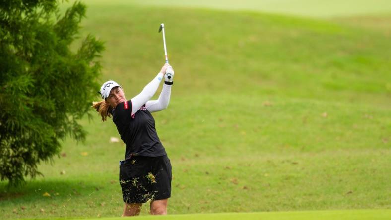 Aug 30, 2020; Rogers, AR, USA; Gemma Dryburgh hits from the rough on the ninth hole during the final round of the Walmart NW Arkansas Championship golf tournament at Pinnacle Country Club. Mandatory Credit: Gunnar Rathbun-USA TODAY Sports