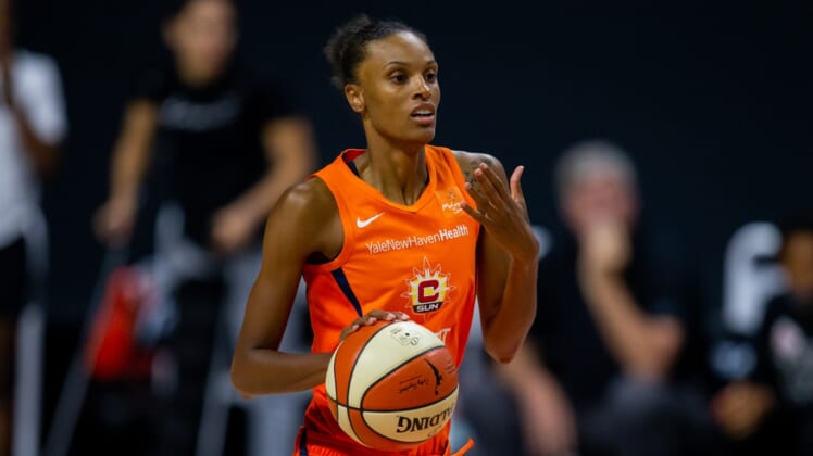 Sep 29, 2020; Bradenton, Florida, USA; Connecticut Sun forward DeWanna Bonner (24) dribbles during game 5 of the WNBA semifinals between the Connecticut Suns and the Las Vegas Aces at IMG Academy. Mandatory Credit: Mary Holt-USA TODAY Sports