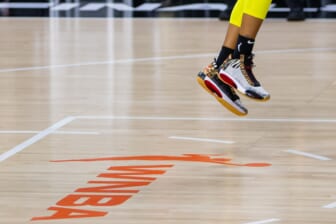 Oct 2, 2020; Bradenton, Florida, USA; The shoes of Seattle Storm guard Jordin Canada (21) with the WNBA logo during game 1 of the WNBA finals against the Las Vegas Aces at IMG Academy. Mandatory Credit: Mary Holt-USA TODAY Sports