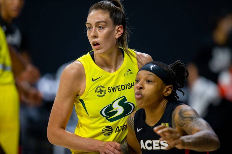 Oct 2, 2020; Bradenton, Florida, USA; Seattle Storm forward Breanna Stewart (30) posts up against Las Vegas Aces forward Emma Cannon (32) during game 1 of the WNBA finals at IMG Academy. Mandatory Credit: Mary Holt-USA TODAY Sports